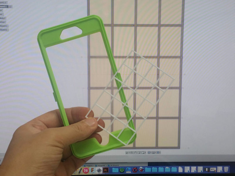 image of iphone case cover and CAD drawing of keyguard behind